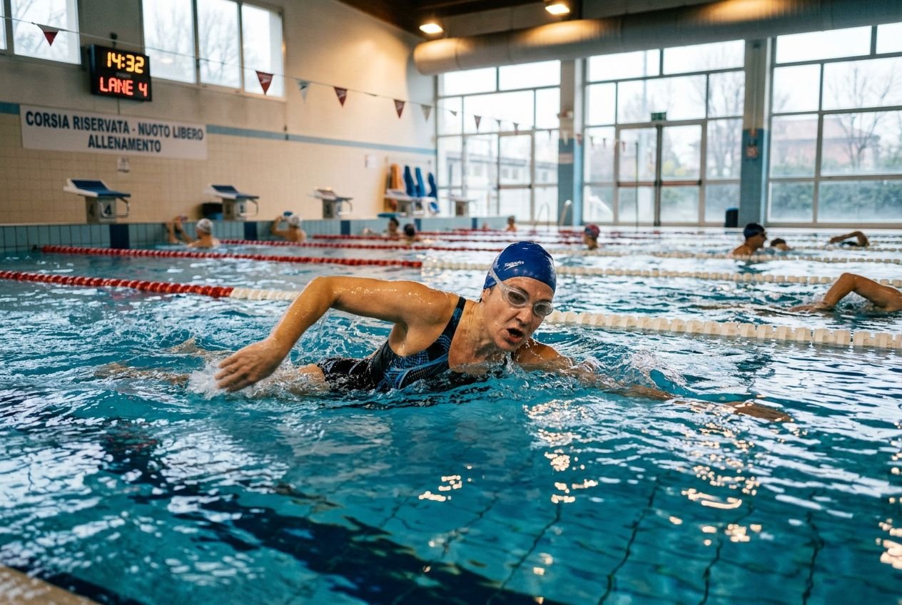 Atleta che nuota in vasca seguendo programma di allenamento