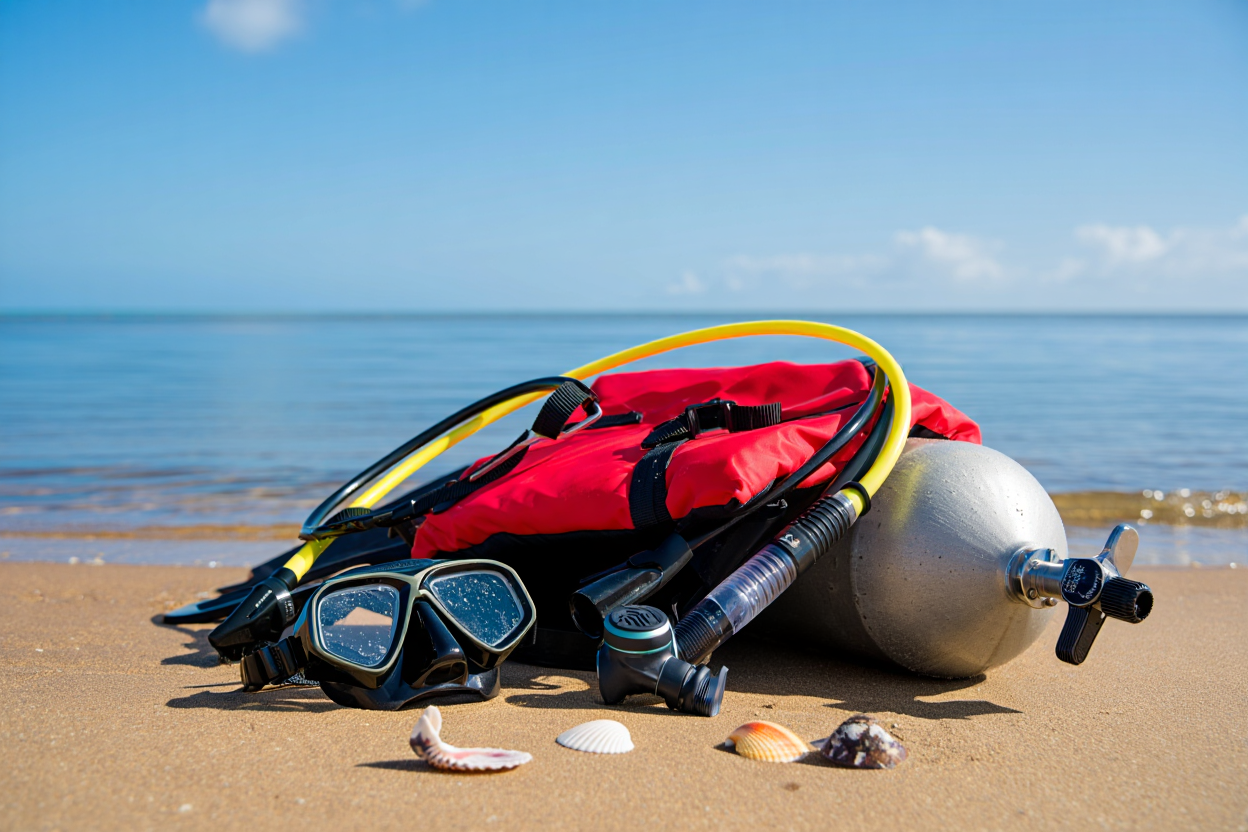 Equipaggiamento per tuffi sicuri con scarpe antiscivolo e kit pronto soccorso