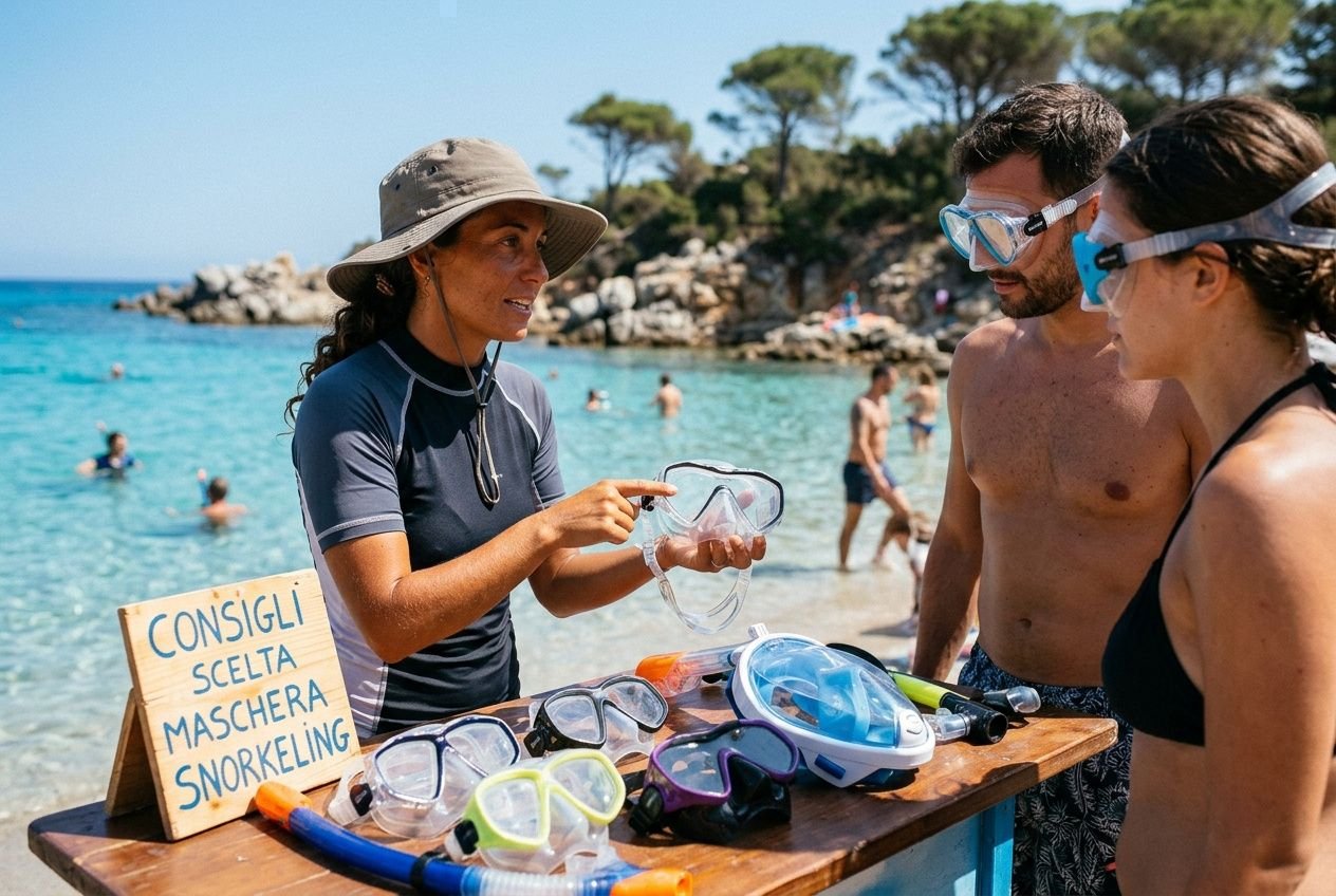 Donna istruisce due apersona su maschere e snorkeling al banco con attrezzature, in spiaggia: slogan “Consigli scelta maschera snorkeling” sul cartello. Integrate keyword: cherа snorkeling consigli.
