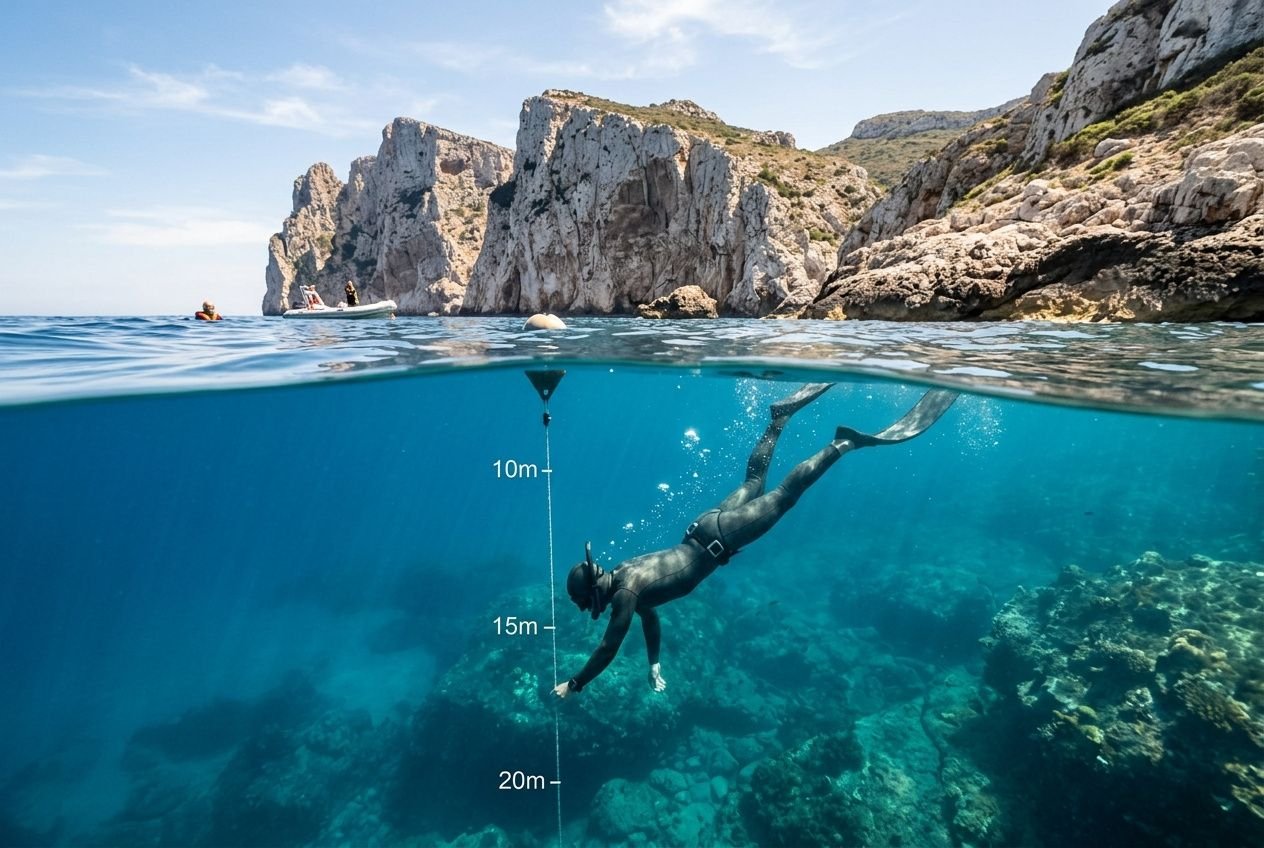 Immersione libera: subacqueo nuota in acque chiare tra scogliere rocciose, con linea di profondità visibile da 10 a 20 metri.