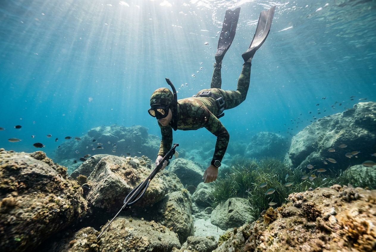 Subacqueo in apnea con fucile, nuotando tra rocce e alghe, sorvolando il fondale sabbioso. Allenamento pesca apnea in azione.
