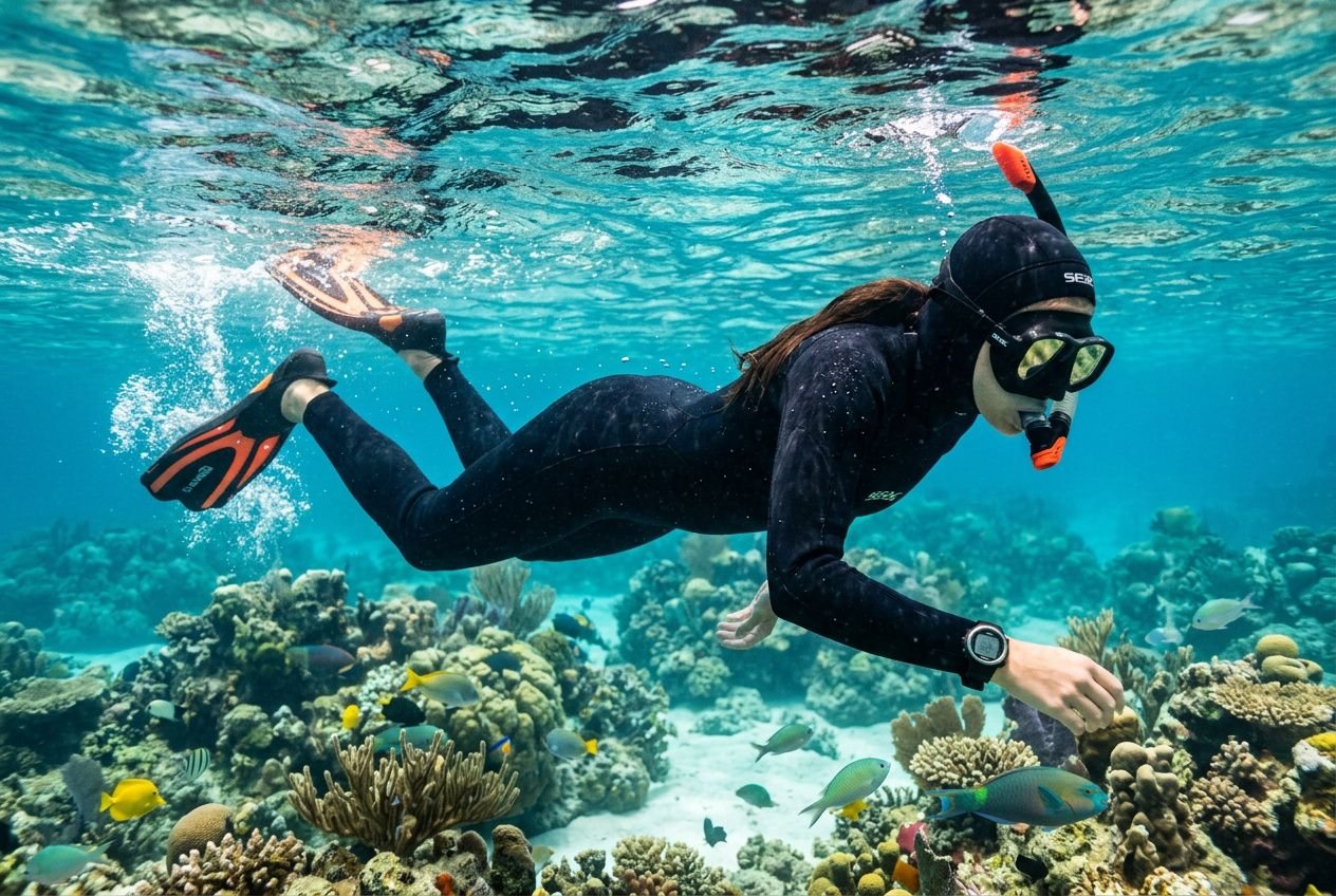 Immersione in nuoto con muta completa, massima libertà di movimento; snorkeler nuota tra coralli colorati con maschera, snorkel e pinne. muta snorkeling consigli integrata naturalmente.