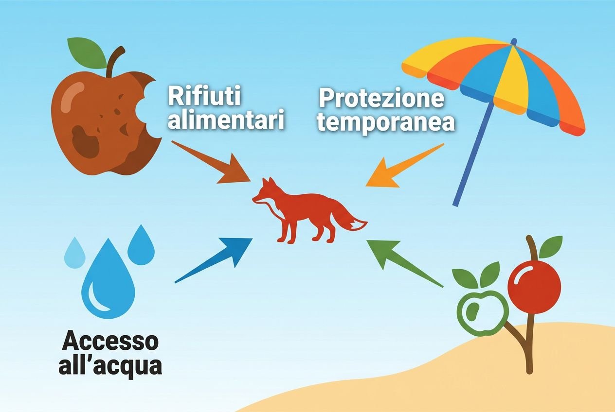 Volpi urbane litorale adriatico puglia: grafica educativa su rifiuti, accesso all’acqua, protezione temporanea e alimenti, incrociando i profili di volpi e ombrelloni sulla spiaggia.