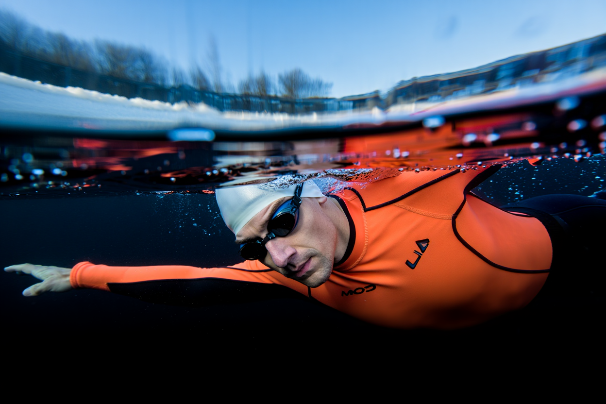 Atleta che esegue riscaldamento dinamico prima di immersione in acqua fredda invernale