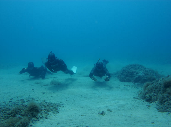 Tre subacquei esplorano il fondo marino sabioso con rocce; nuotano in fila, indossando mute e maschere, in acque chiare.
