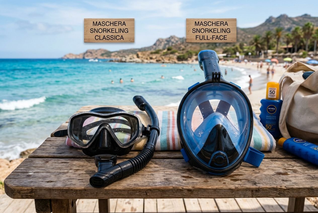 Maschera da snorkeling e maschera full-face accanto a occhiali subacquei su tavolo di legno, spiaggia e mare sullo sfondo; segnaletiche “Maschera snorkeling classica” e “Maschera snorkeling full-face”. Integrazione: che ora snorkeling consigli.