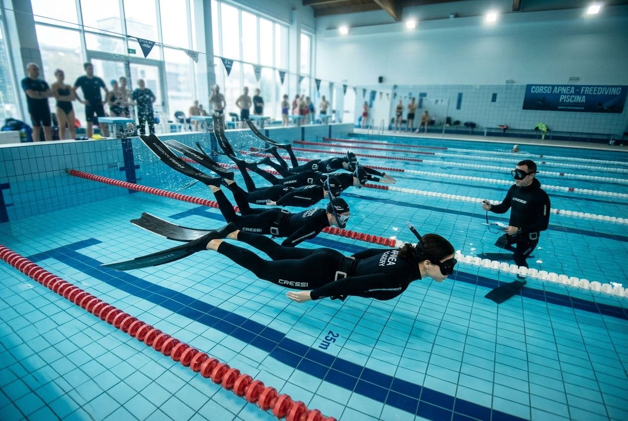 Gruppo di nuotatori in corsia con attrezzatura per apnea, allenamento in piscina indoor, istruttore presente. Integrato: fare apnea in italia.