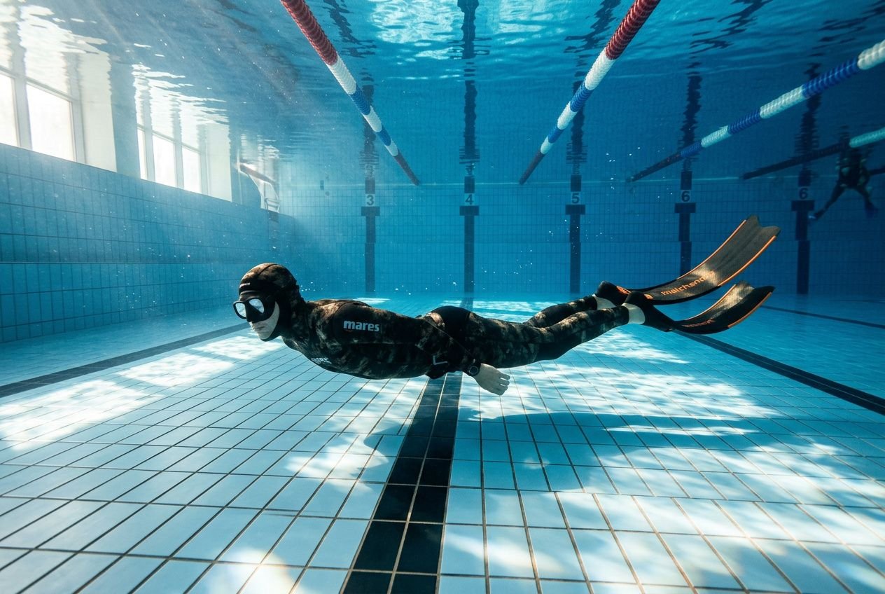 Apnea indoor: nuotatore in assetto subacqueo con muta integrale e pinne in piscina, nuotando vicino al fondo tra corsie.