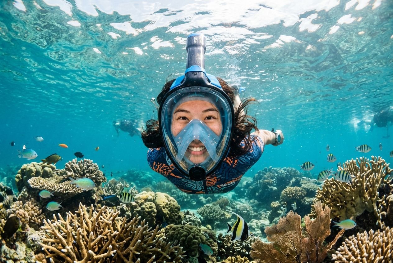 Chera full face snorkeling: persona circoscritta tra barriere coralline, maschera completa e snorkel, nuotando sorridente tra pesci.