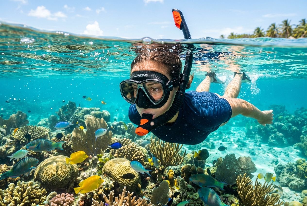 Nuotatore subacqueo con maschera e boccaglio esplora un acquario di coralli colorati, nuotando tra pesci tropicali. snorkeling traduzione inclusa naturalmente.