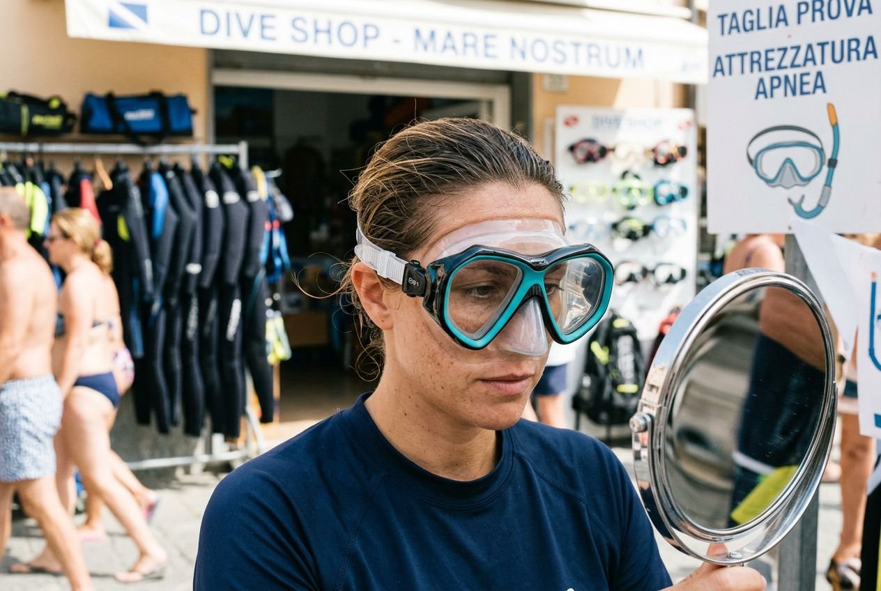 Sott’acqua in superficie: una persona indossa una maschera da snorkeling professionale con montatura nera e lenti grandi, controllando il visore riflettente.