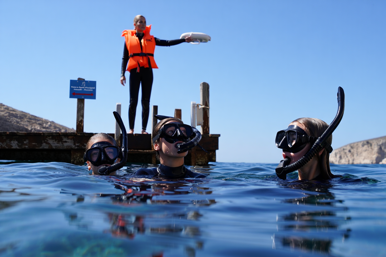Apneista con fucile subacqueo durante preparazione pre-immersione con buddy