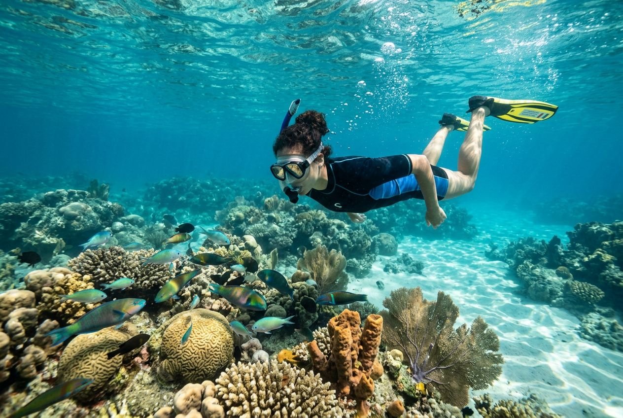 Nuotatore con maschera e boccaglio nuota sopra una barriera di coralli colorati, esplorando il mondo sommerso. snorkeling traduzione integrata naturalmente.