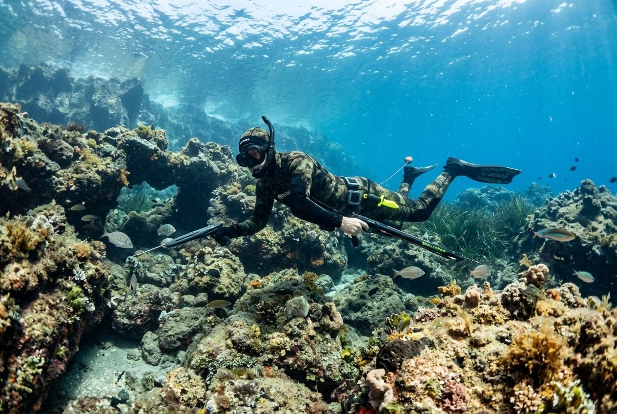 Pescatore subacqueo con arbalete in acque cristalline siciliane
