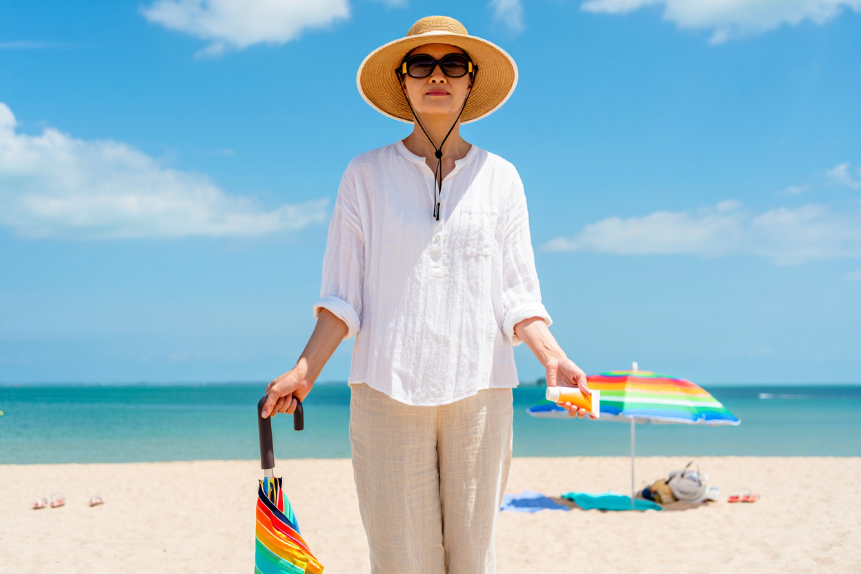 Persona al mare con abbigliamento protettivo e occhiali da sole