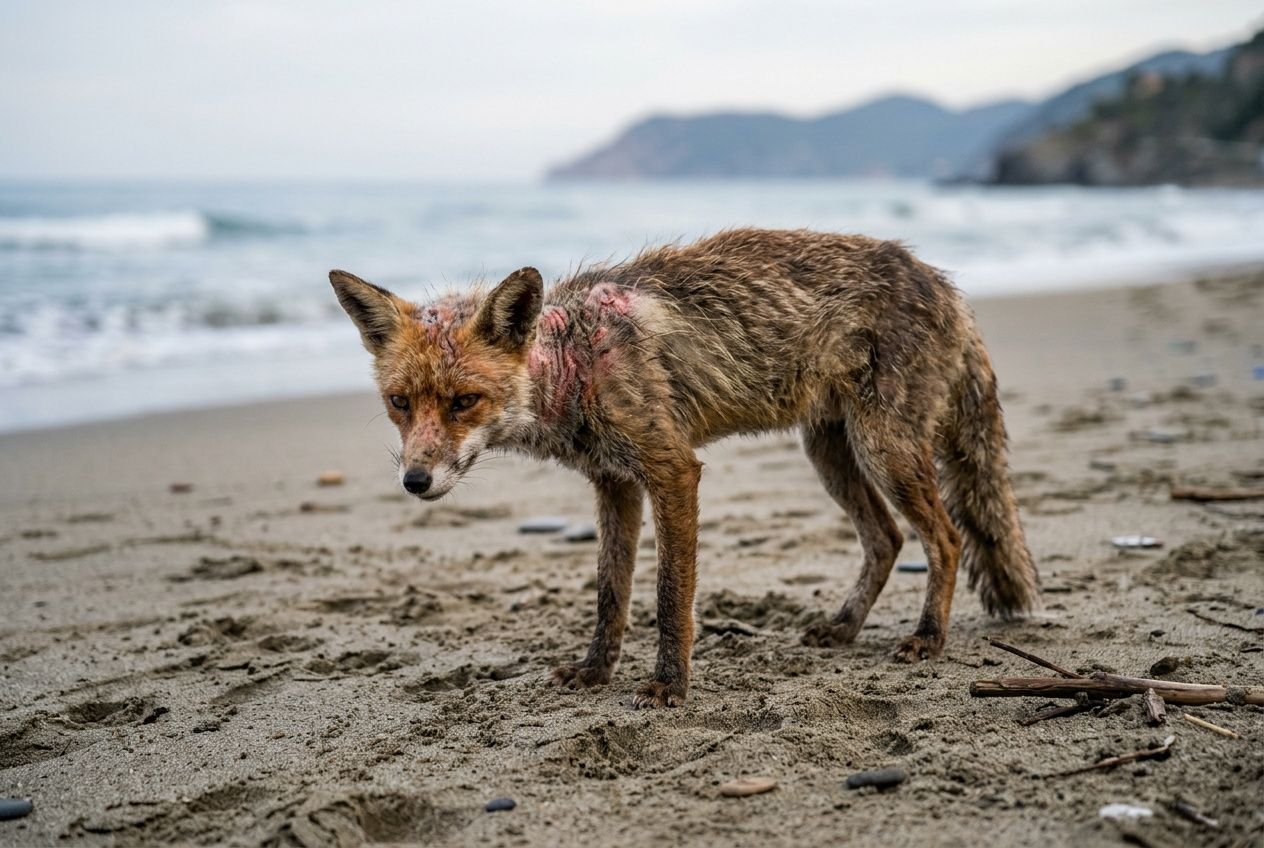 Volpe abbandonata sulla riva, pelo ispido e rognoso, in condizioni delicate lungo la spiaggia.