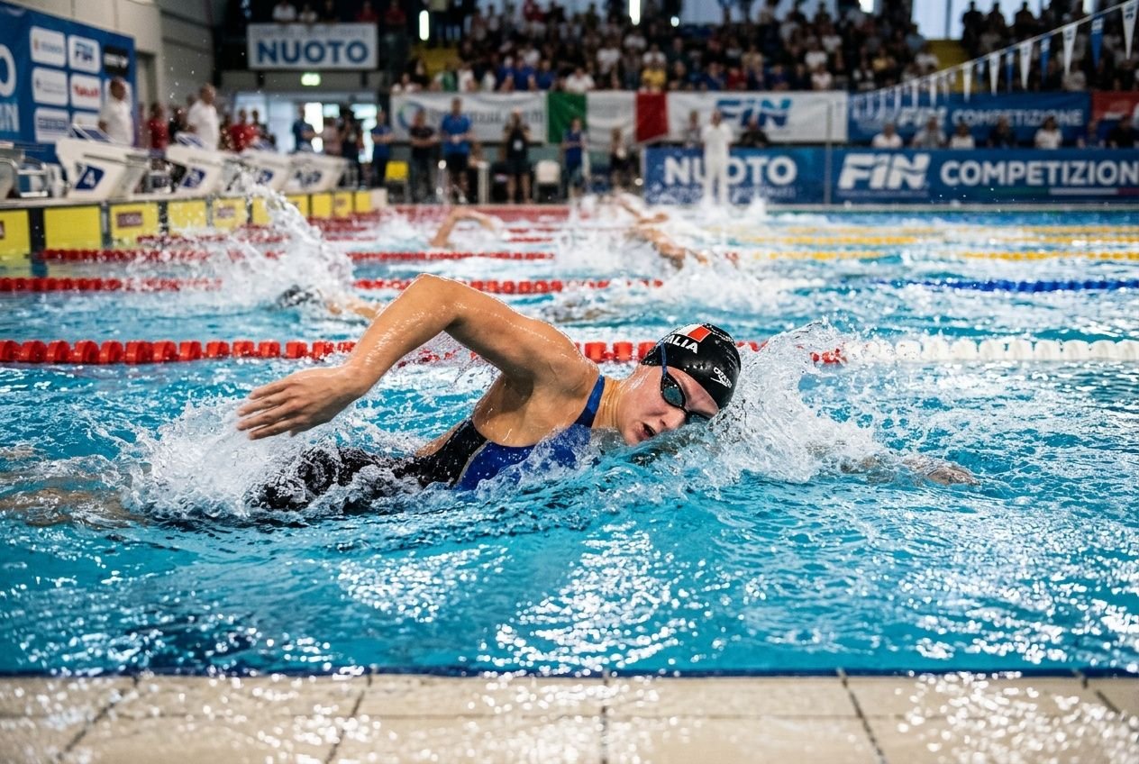 Nuotatore esegue stile libero in piscina olimpica