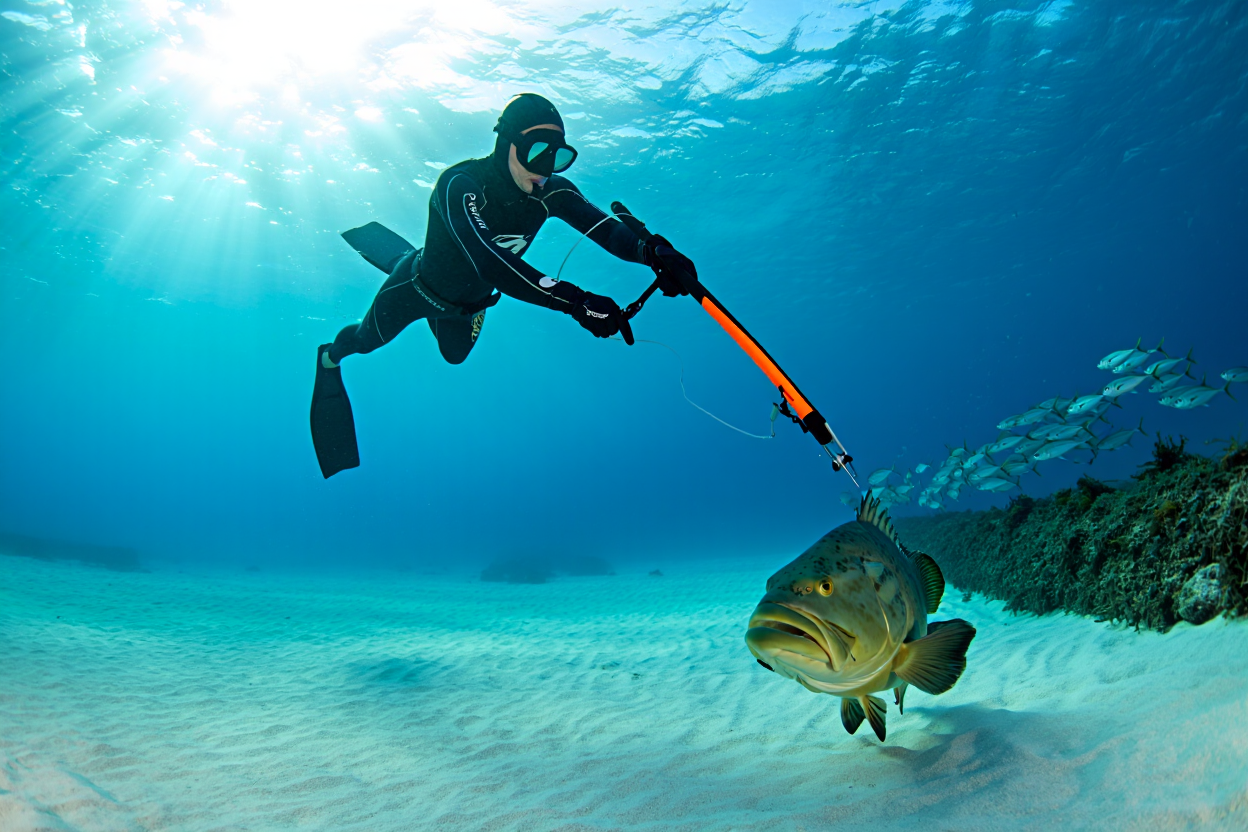 Pescatore in apnea con fucile subacqueo presso scogliera rocciosa