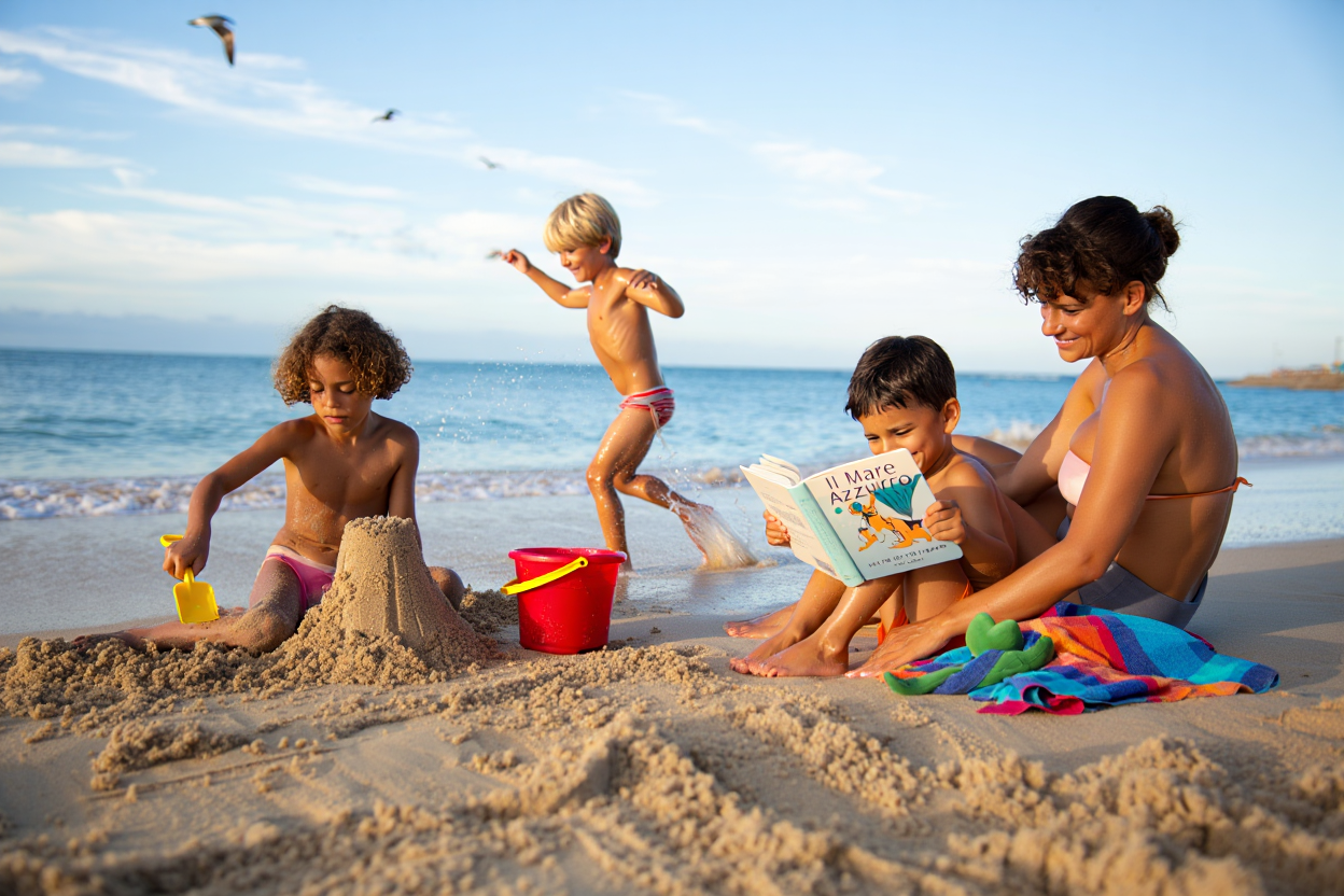 Famiglia al mare: due bambini costruiscono una gran torre di sabbia, mentre uno legge un libro alla mamma seduta sulla spiaggia; un altro bambino corre vicino all’acqua.